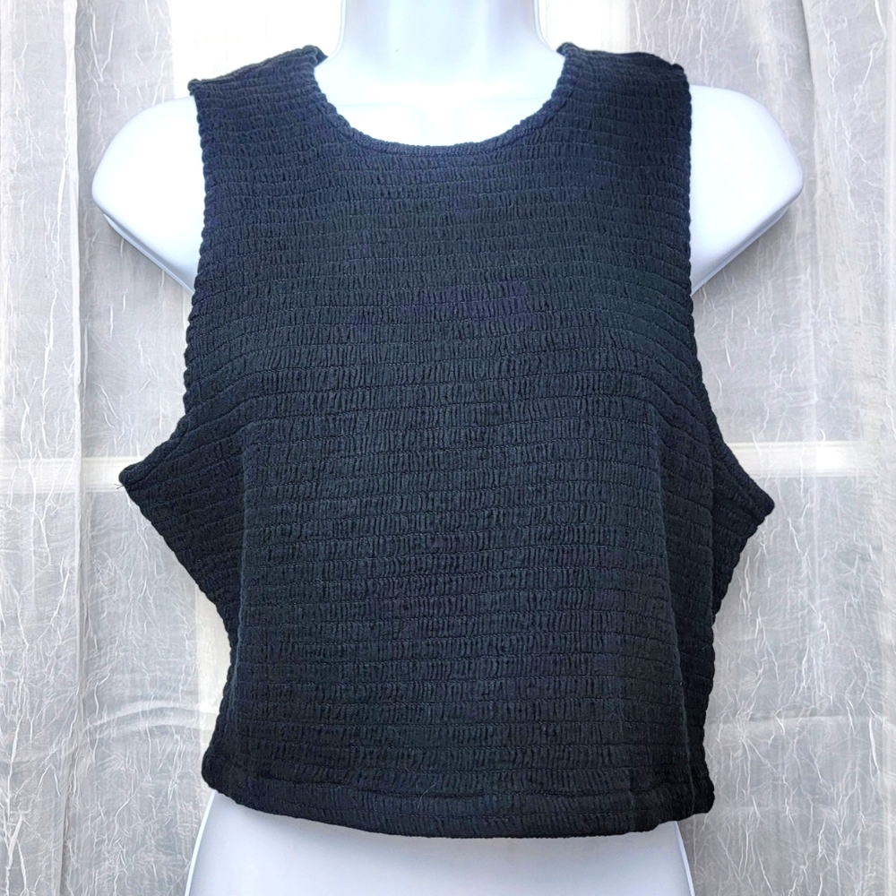DKNY Jeans Cropped Smocked Tank Top Sz L Sleeveless Black Y2K 90s Grunge Goth